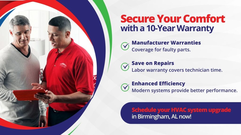 This is an image of a Douglas HVAC tech explaining the Douglas 10 year warranty. The headline reads; Secure your comfort with a 10-year warranty.